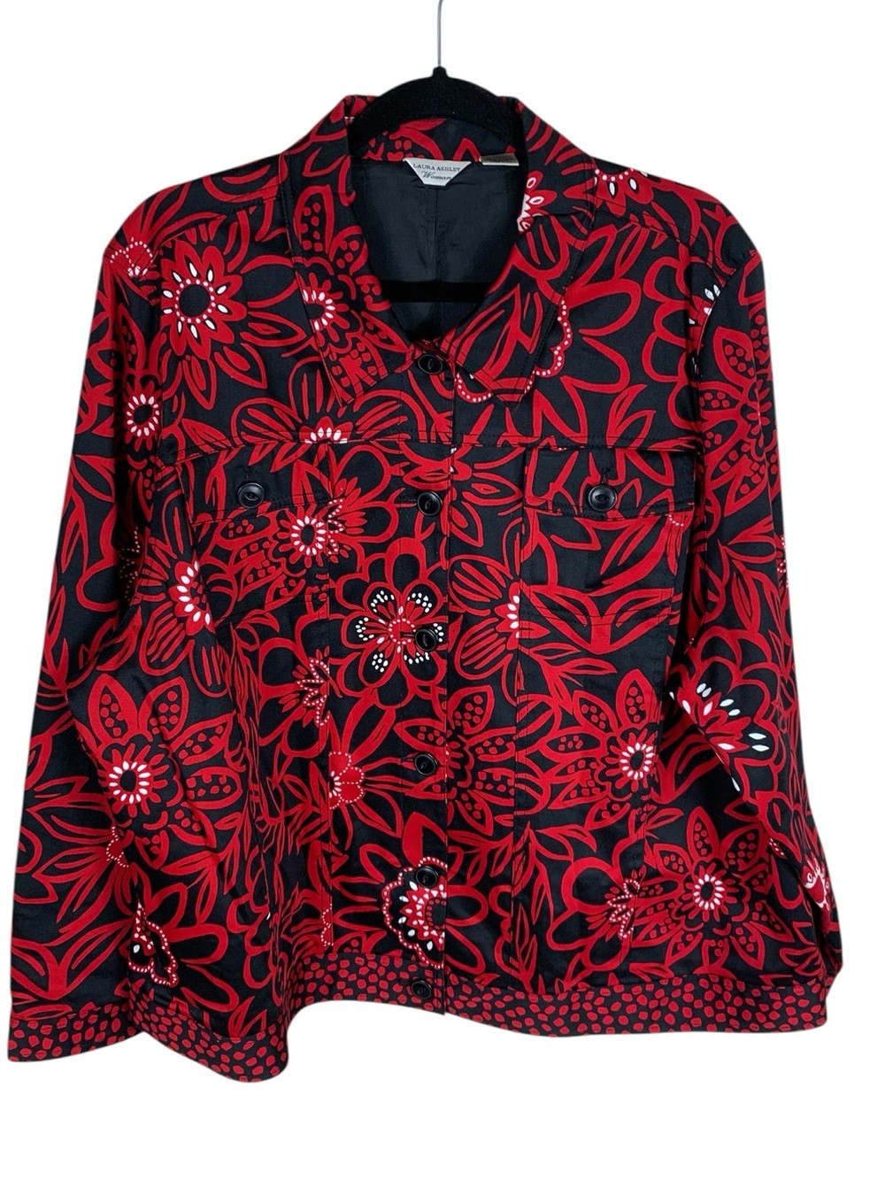 Women's Laura Ashley Red Black Floral Long Sleeve Button Up Jacket Size 3X Boho